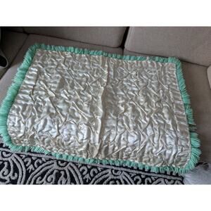 Handmade vintage baby quilt, embroidered pom poms and embroidered satin and